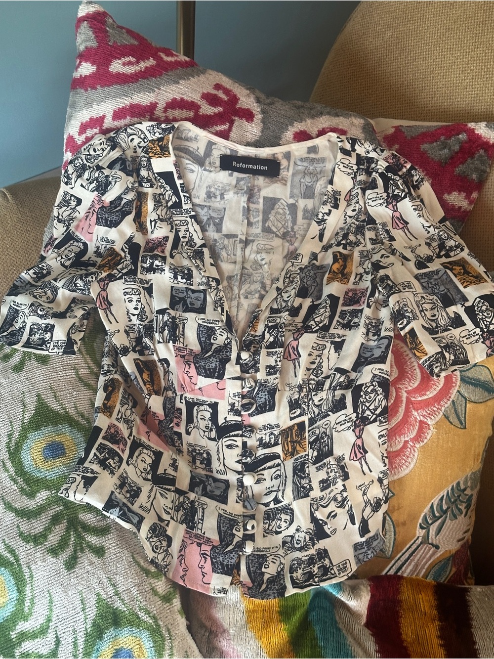 Reformation Comic Printed Short Sleeve Button Front Top XS